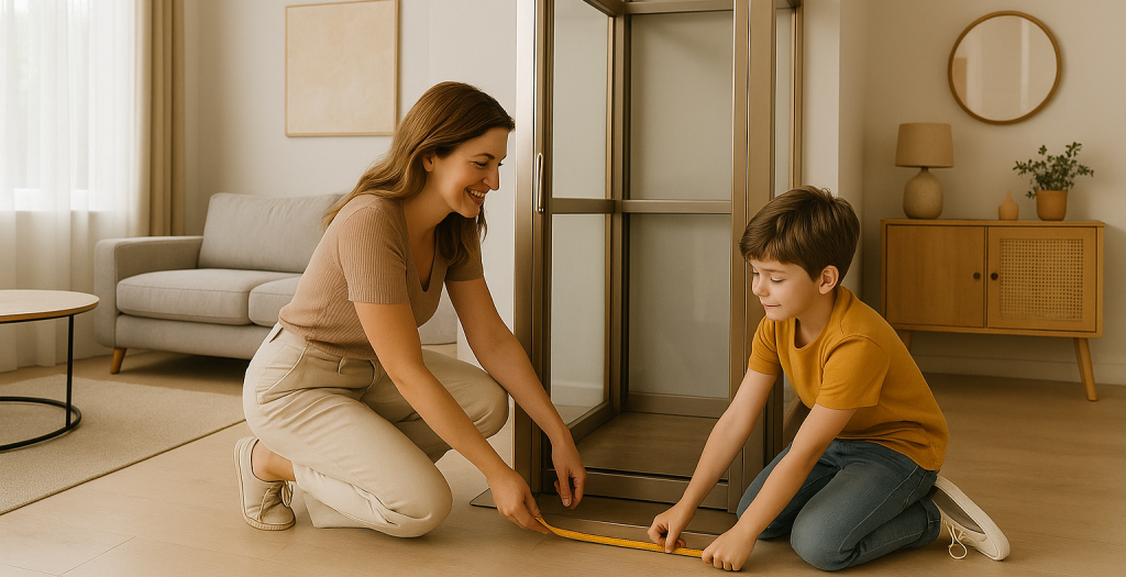 Mutter und Sohn messen die Breite des Homelifts im Wohnzimmer aus
