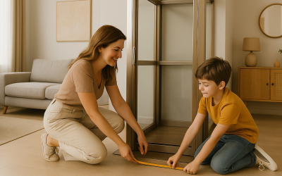 Mutter und Sohn messen die Breite des Homelifts im Wohnzimmer aus