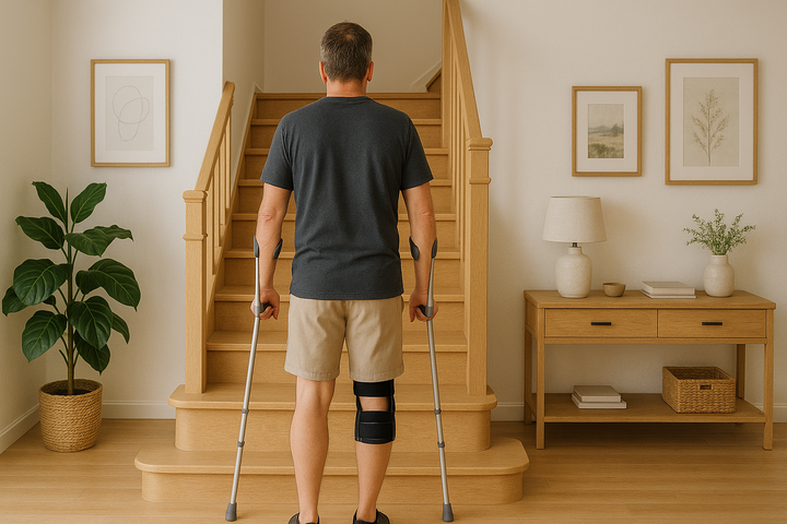 Mann auf Krücken steht vor einer Treppe im Einfamilienhaus